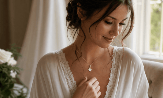 a beautiful bride is getting read for her wedding day wearing a necklace from Bae and Friends