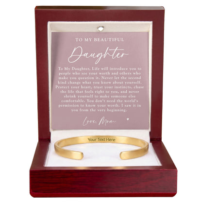 Daughter From Mom Custom Engraved Cuff Bracelet | Never Forget The Woman You Are Blush