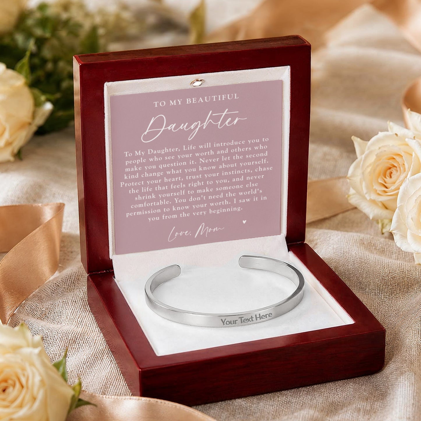 Daughter From Mom Custom Engraved Cuff Bracelet | Never Forget The Woman You Are Blush