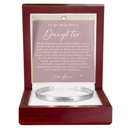 Daughter From Mom Custom Engraved Cuff Bracelet | Never Forget The Woman You Are Blush