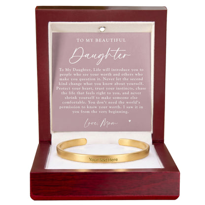 Daughter From Mom Custom Engraved Cuff Bracelet | Never Forget The Woman You Are Blush