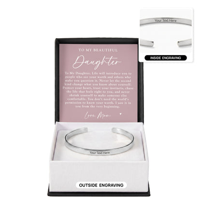 Daughter From Mom Custom Engraved Cuff Bracelet | Never Forget The Woman You Are Blush
