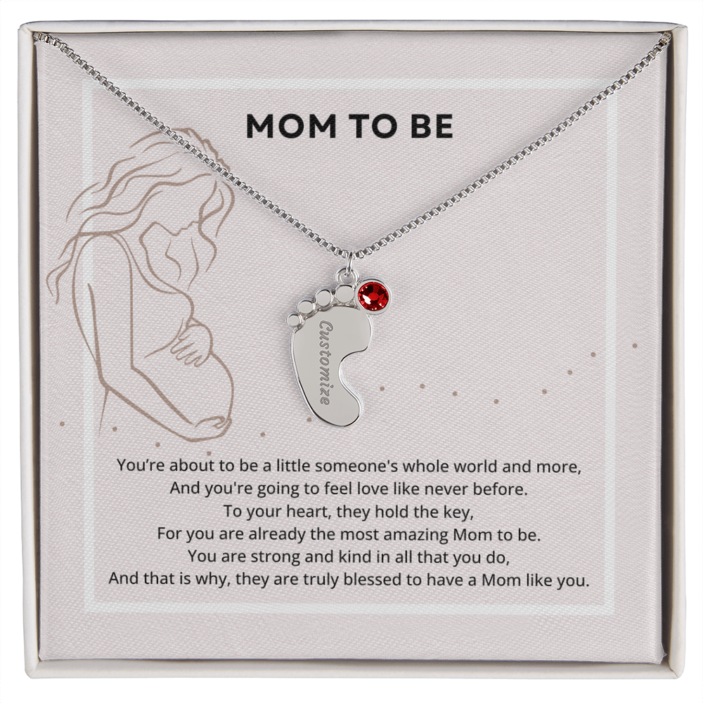 Mom To Be Engraved Footprint Birthstone Necklace