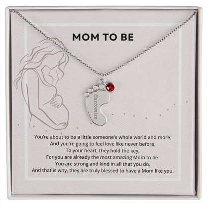 Mom To Be Engraved Footprint Birthstone Necklace