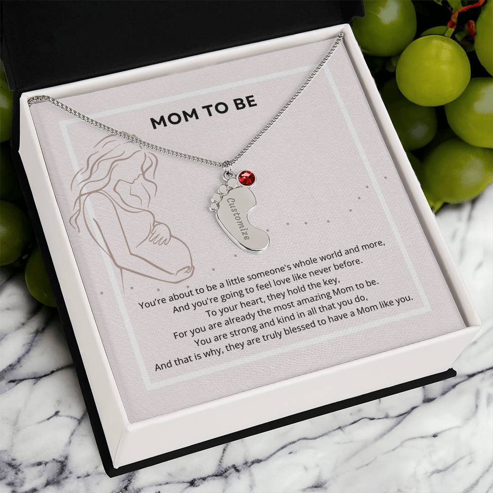 Mom To Be Engraved Footprint Birthstone Necklace