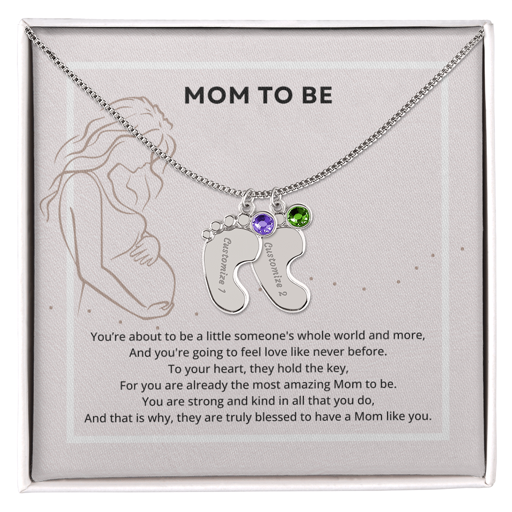 Mom To Be Engraved Footprint Birthstone Necklace