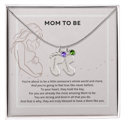 Mom To Be Engraved Footprint Birthstone Necklace