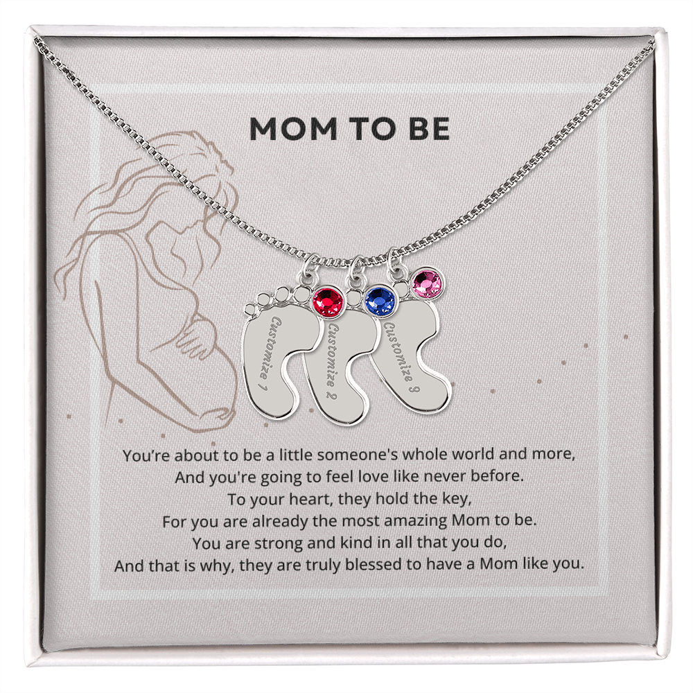 Mom To Be Engraved Footprint Birthstone Necklace