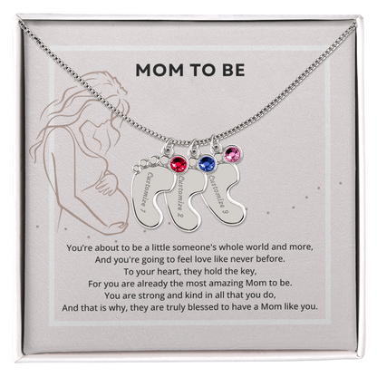 Mom To Be Engraved Footprint Birthstone Necklace