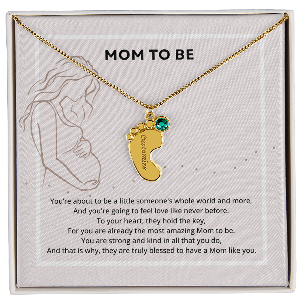 Mom To Be Engraved Footprint Birthstone Necklace