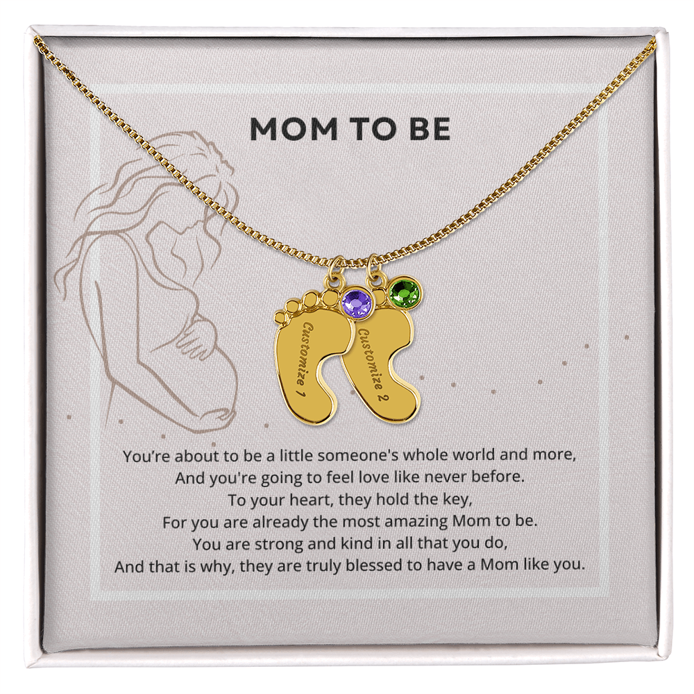 Mom To Be Engraved Footprint Birthstone Necklace