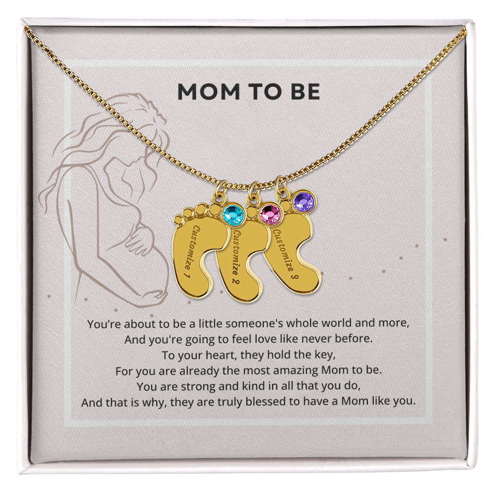 Mom To Be Engraved Footprint Birthstone Necklace