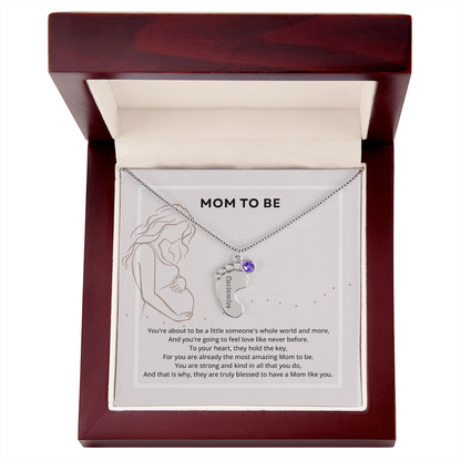 Mom To Be Engraved Footprint Birthstone Necklace