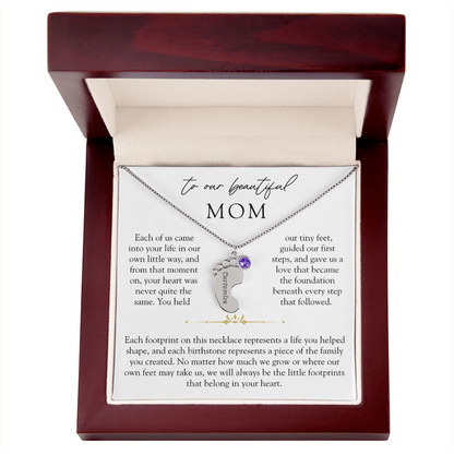 To Our Mom Custom Engraved Footprint Birthstone Necklace | The Footprints of My Heart