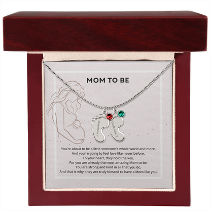 Mom To Be Engraved Footprint Birthstone Necklace