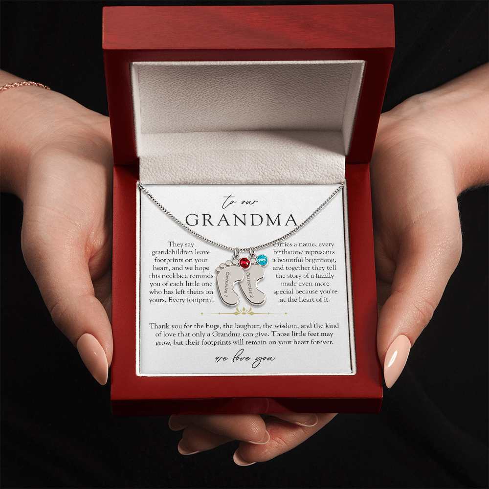 Grandma Custom Engraved Birthstone Footprint Necklace | Heart Of Our Family