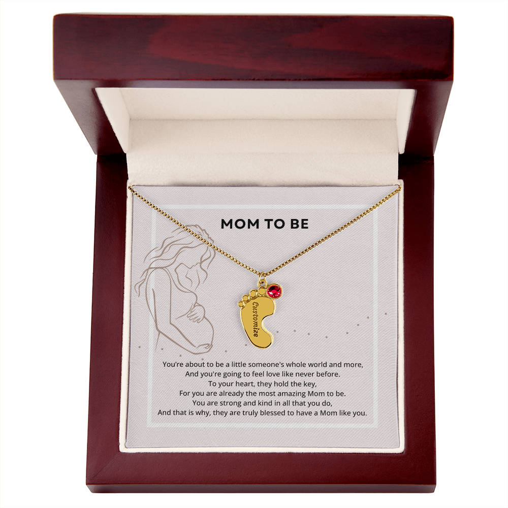 Mom To Be Engraved Footprint Birthstone Necklace