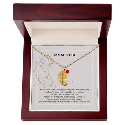 Mom To Be Engraved Footprint Birthstone Necklace