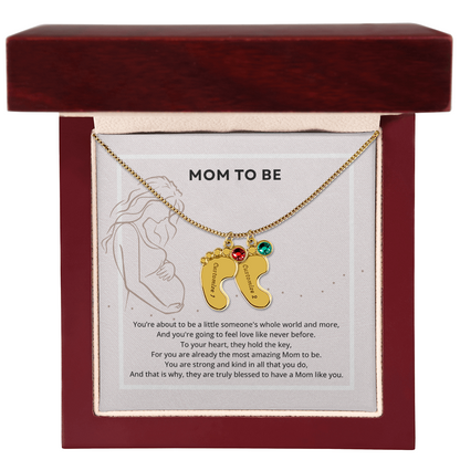 Mom To Be Engraved Footprint Birthstone Necklace