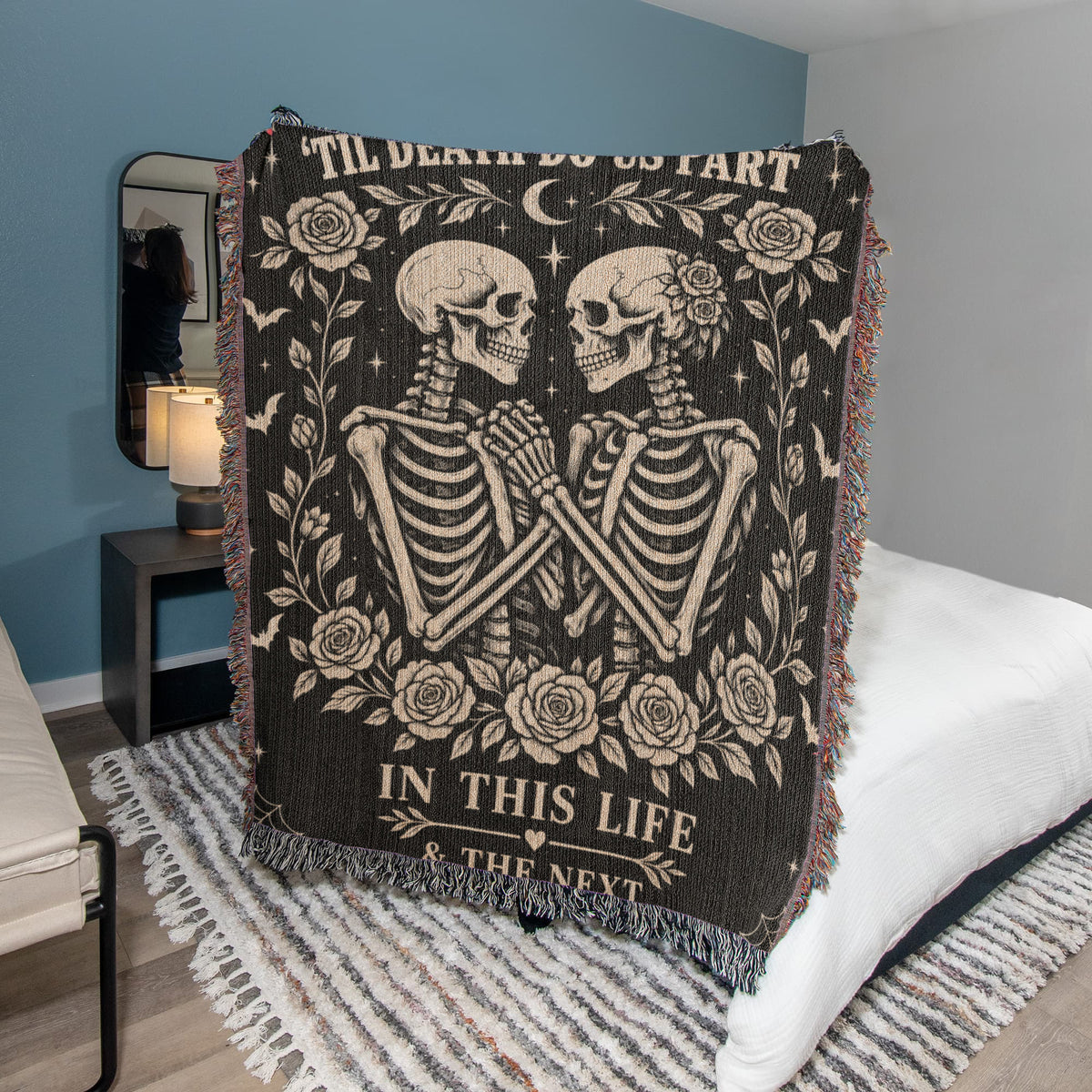 Skeleton Couple Till Death Heirloom Woven Blanket