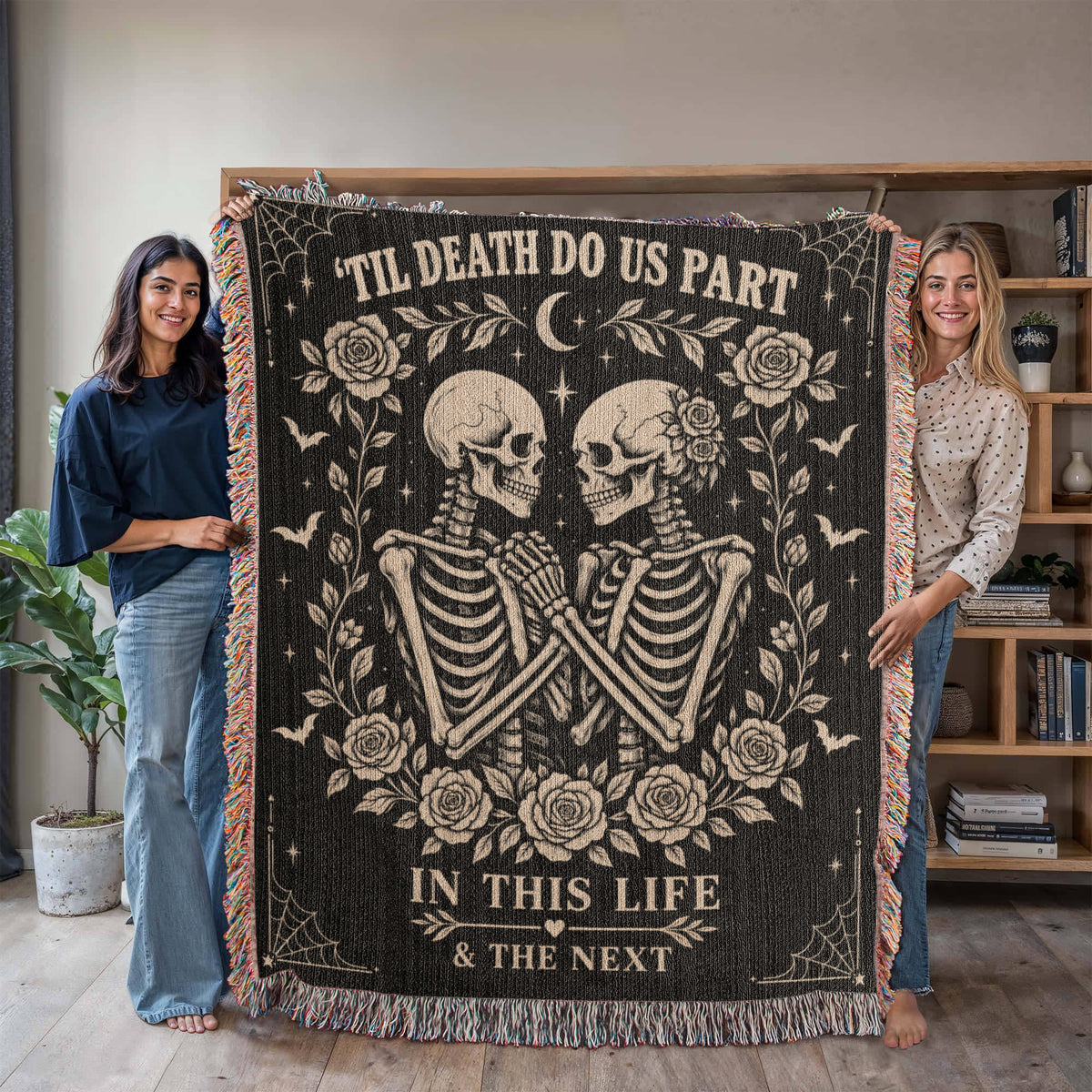 Skeleton Couple Till Death Heirloom Woven Blanket
