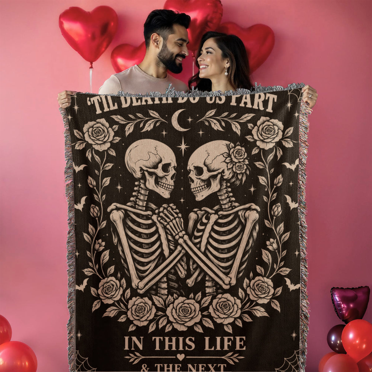 Skeleton Couple Till Death Heirloom Woven Blanket
