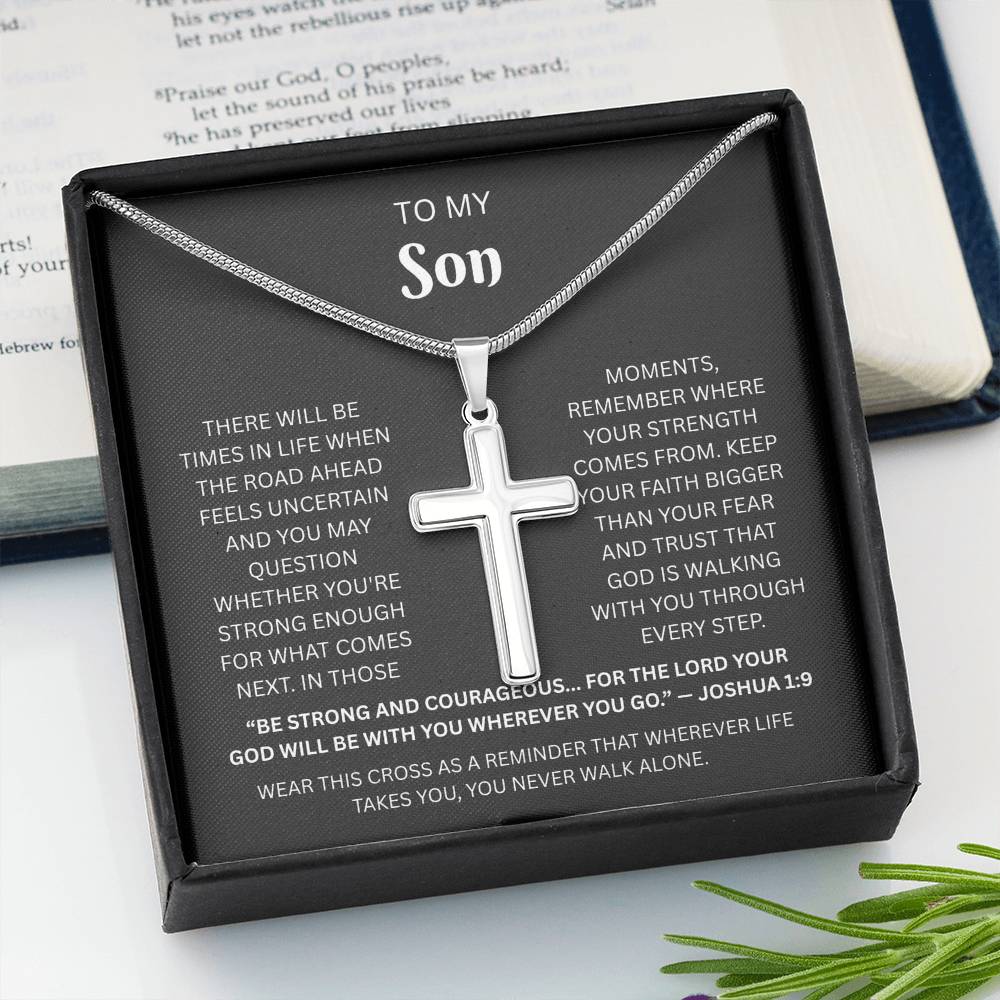 Son Custom Engraved Cross Necklace | Joshua 1:9