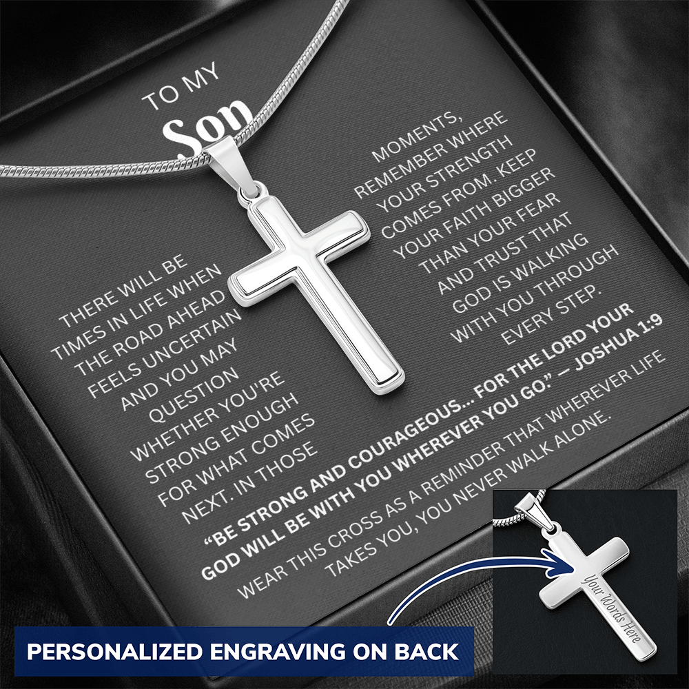 Son Custom Engraved Cross Necklace | Joshua 1:9
