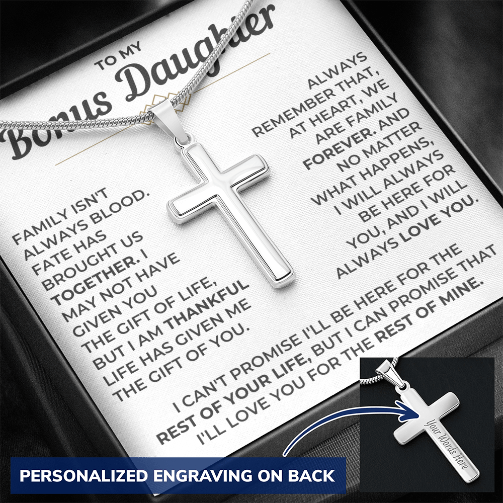 To My Bonus Daughter - Engraved Cross Necklace