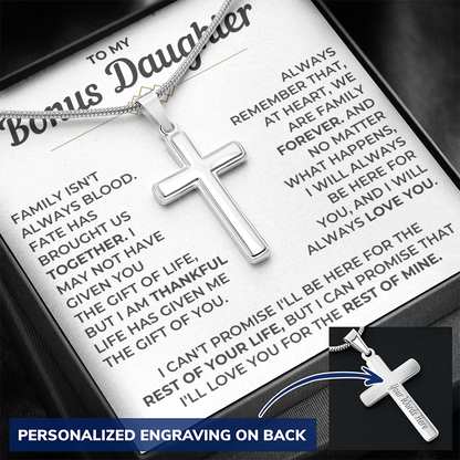 To My Bonus Daughter - Engraved Cross Necklace