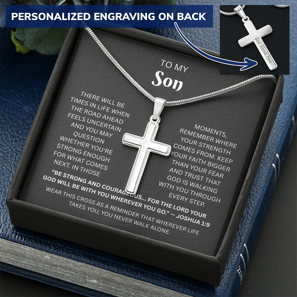 Son Custom Engraved Cross Necklace | Joshua 1:9