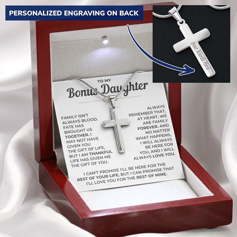 To My Bonus Daughter - Engraved Cross Necklace