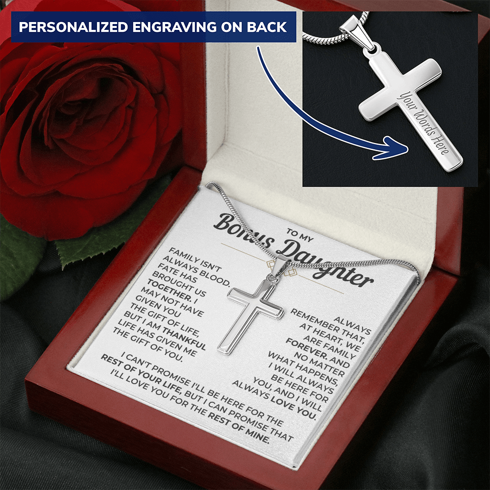 To My Bonus Daughter - Engraved Cross Necklace