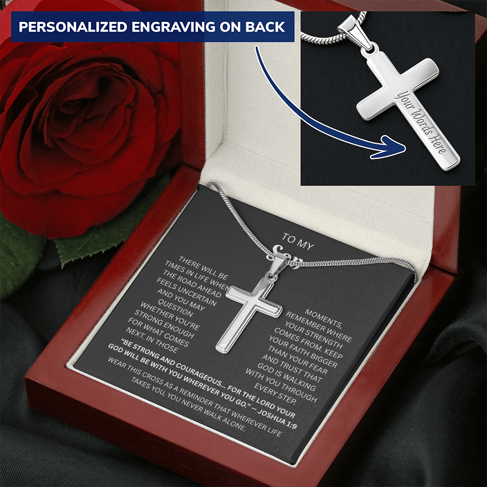Son Custom Engraved Cross Necklace | Joshua 1:9