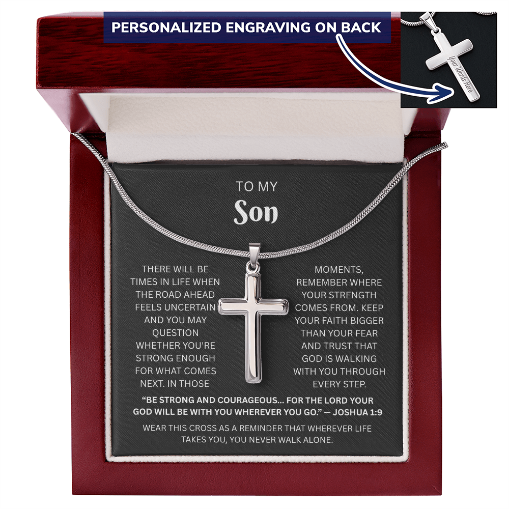 Son Custom Engraved Cross Necklace | Joshua 1:9