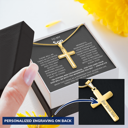 Son Custom Engraved Cross Necklace | Joshua 1:9