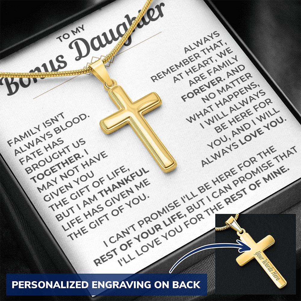 To My Bonus Daughter - Engraved Cross Necklace