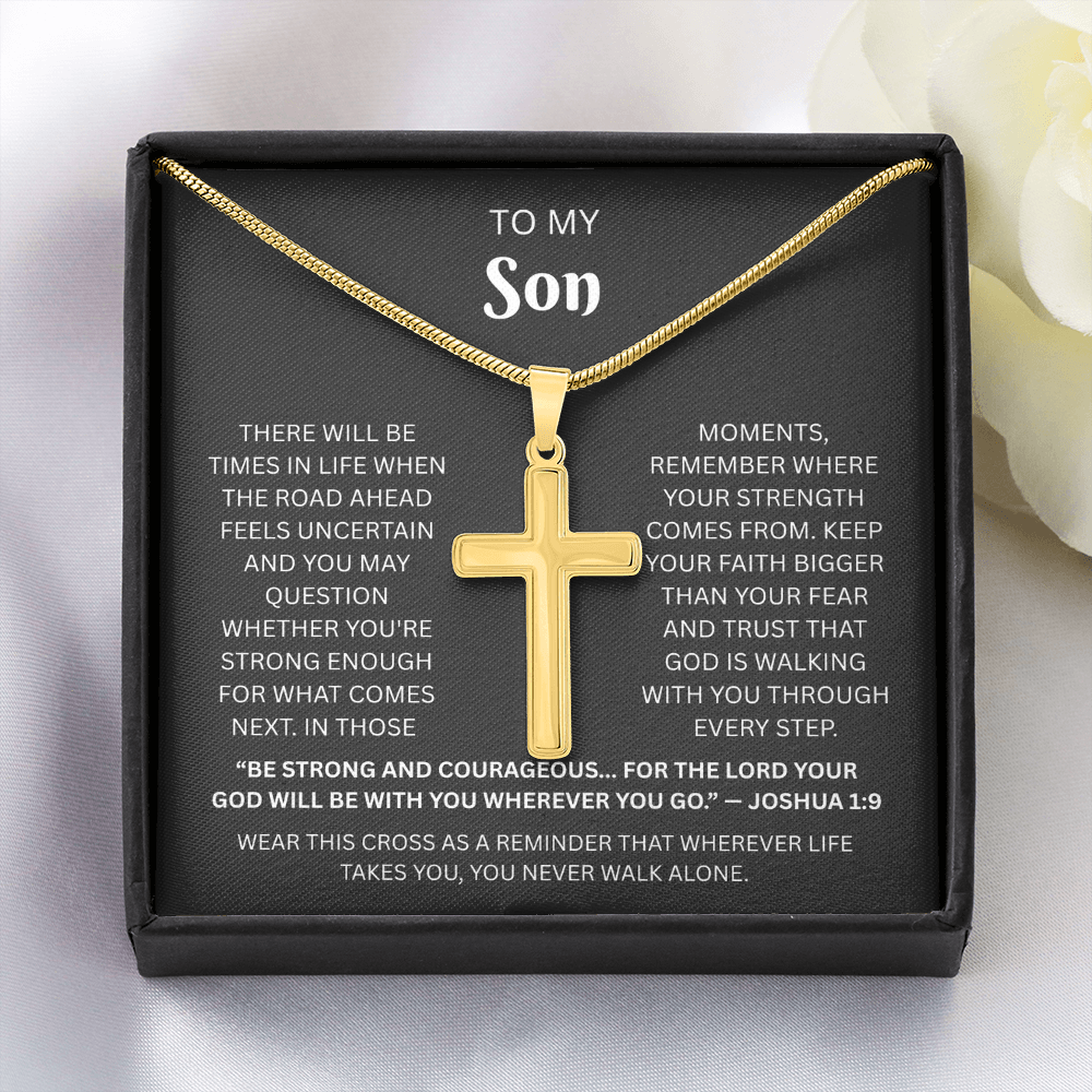 Son Custom Engraved Cross Necklace | Joshua 1:9
