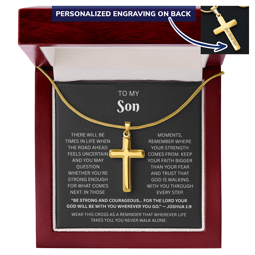 Son Custom Engraved Cross Necklace | Joshua 1:9