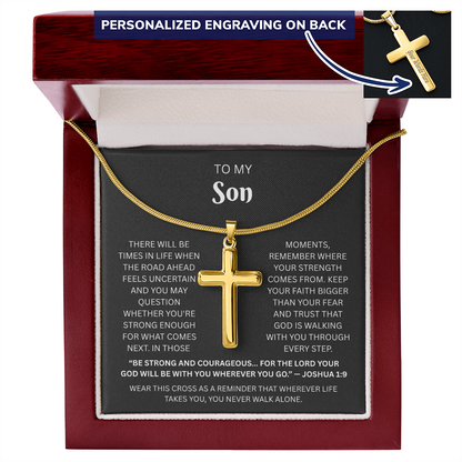 Son Custom Engraved Cross Necklace | Joshua 1:9