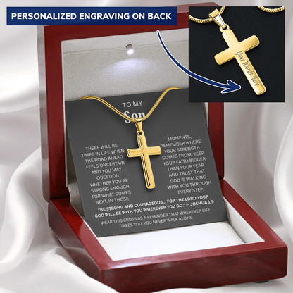 Son Custom Engraved Cross Necklace | Joshua 1:9