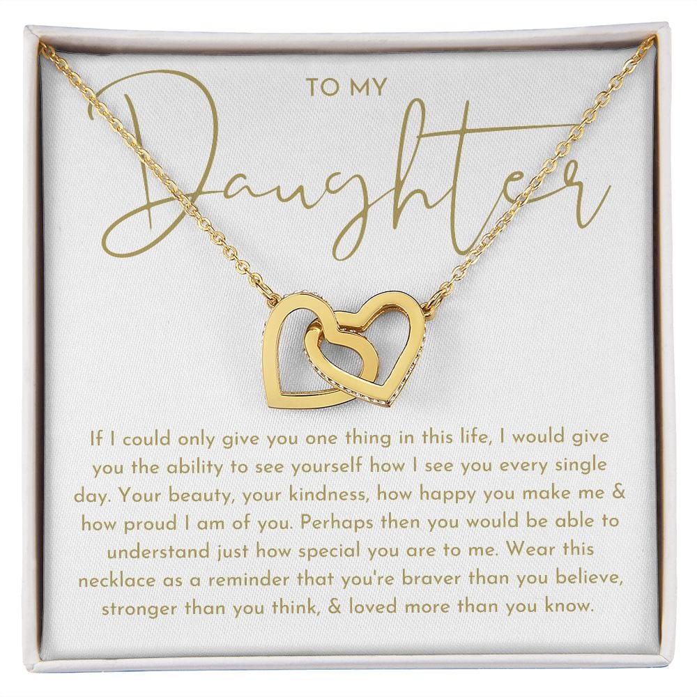 Sereney Daughter Necklace From Mom Or Dad - Double Heart Stainless Steel Pendant With Zircon - Engraved Motivational Message, 18-20 Inch Chain - Birthday, Wedding, Graduation Gift